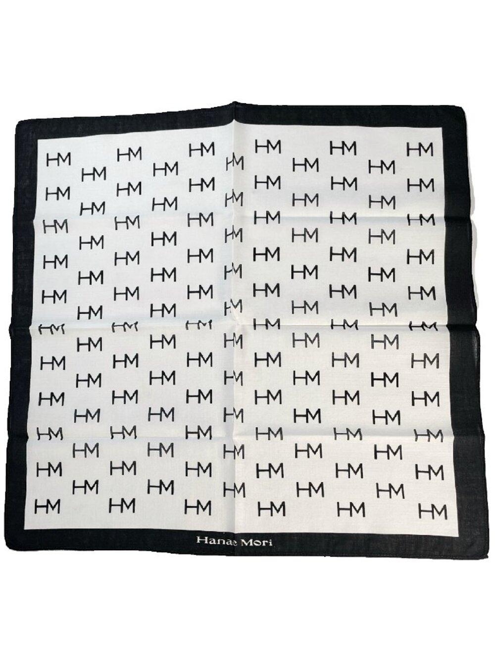 Vintage Hanae Mori HM Logo Cotton Handkerchief Scarf 16" Black White Japan